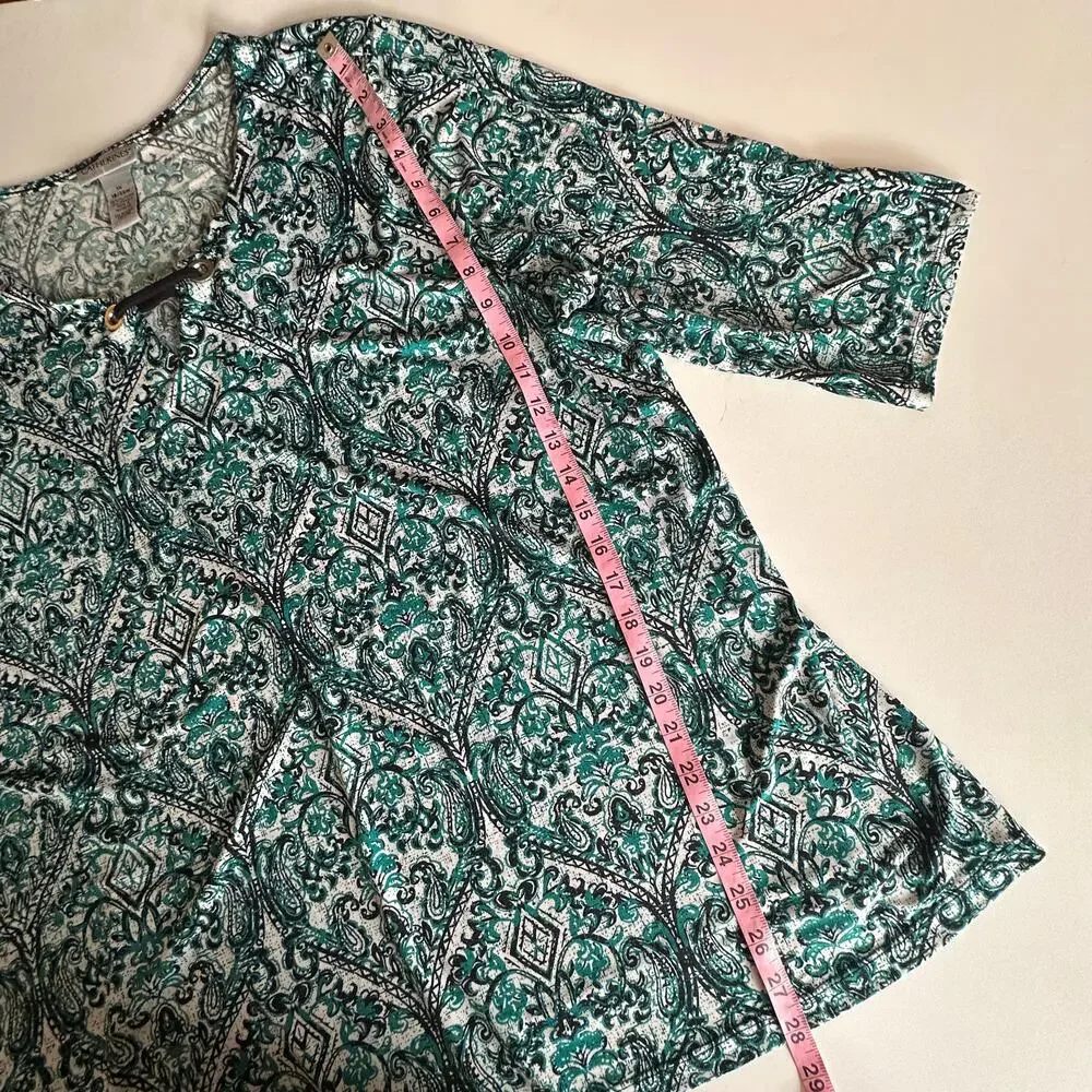 Catherines Keyhole Tunic Womens Size 1X Green Paisley Relaxed Flowy Top